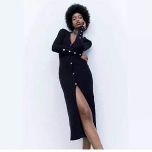 NWT Zara Ribbed Navy Knit Dress with Gold Button Details. Size Medium.